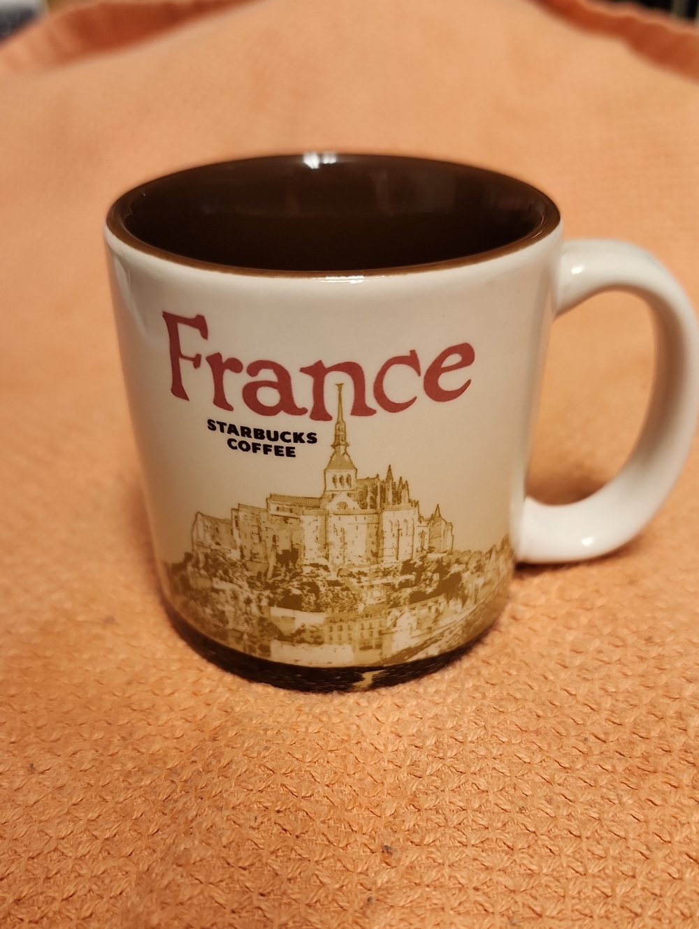 Starbucks France Ceramic Mug - White Exterior, Brown Interior, Gold Artwork